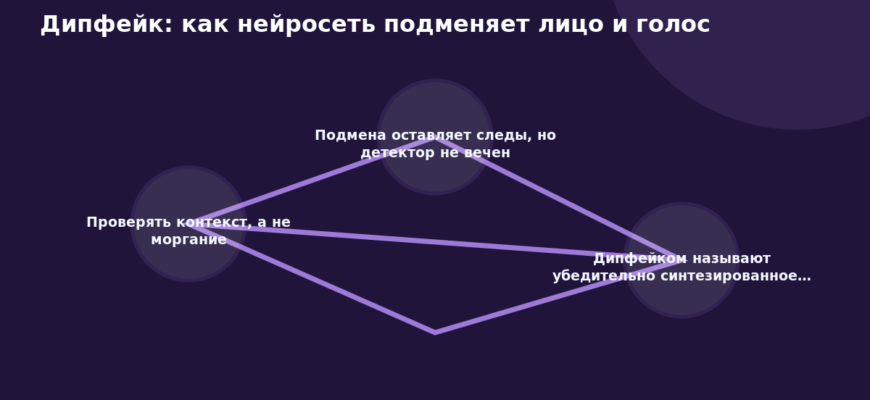 Схема к статье «Дипфейк: как нейросеть подменяет лицо и голос»: Проверять контекст, а не моргание, Подмена оставляет следы, но детектор не вечен, Дипфейком называют убедительно синтезированное…