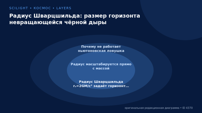 Схема к статье «Радиус Шварцшильда: размер горизонта невращающейся чёрной дыры»: Почему не работает ньютоновская ловушка, Радиус масштабируется прямо с массой, Радиус Шварцшильда rₛ=2GM/c² задаёт горизонт…
