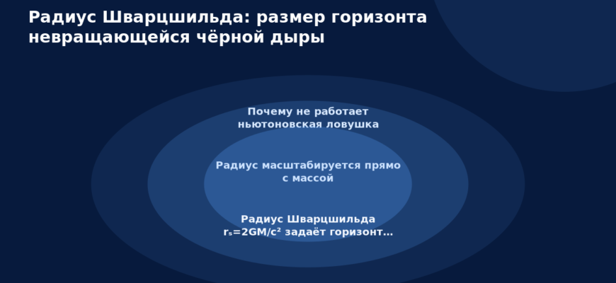 Схема к статье «Радиус Шварцшильда: размер горизонта невращающейся чёрной дыры»: Почему не работает ньютоновская ловушка, Радиус масштабируется прямо с массой, Радиус Шварцшильда rₛ=2GM/c² задаёт горизонт…