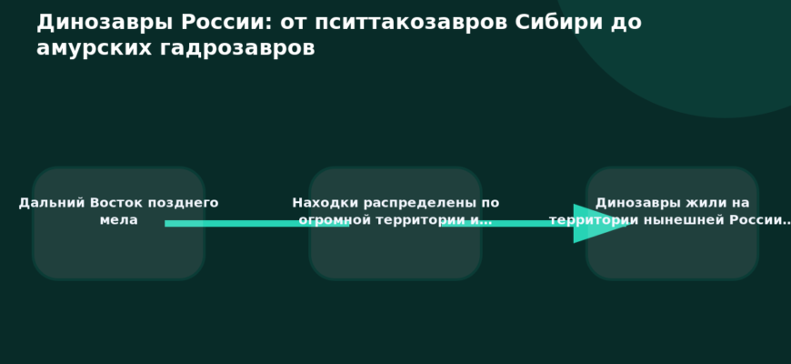 Схема к статье «Динозавры России: от пситтакозавров Сибири до амурских гадрозавров»: Дальний Восток позднего мела, Находки распределены по огромной территории и…, Динозавры жили на территории нынешней России…