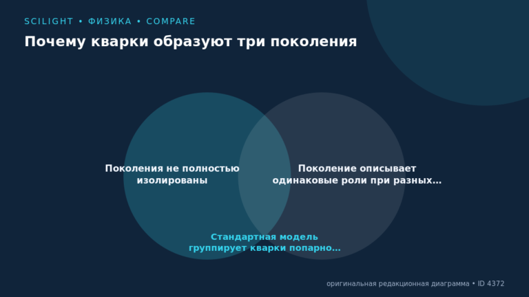 Схема к статье «Почему кварки образуют три поколения»: Поколения не полностью изолированы, Поколение описывает одинаковые роли при разных…, Стандартная модель группирует кварки попарно…