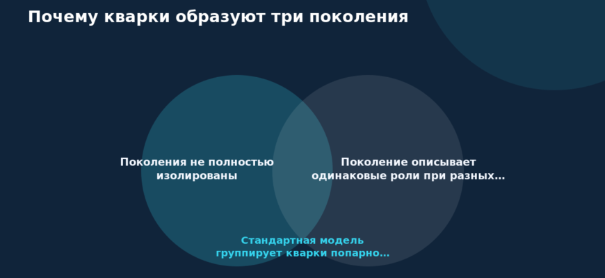 Схема к статье «Почему кварки образуют три поколения»: Поколения не полностью изолированы, Поколение описывает одинаковые роли при разных…, Стандартная модель группирует кварки попарно…