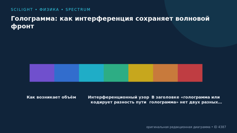 Схема к статье «Голограмма: как интерференция сохраняет волновой фронт»: Как возникает объём, Интерференционный узор кодирует разность пути, В заголовке «голограмма или голограмма» нет двух разных…