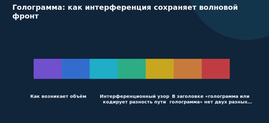 Схема к статье «Голограмма: как интерференция сохраняет волновой фронт»: Как возникает объём, Интерференционный узор кодирует разность пути, В заголовке «голограмма или голограмма» нет двух разных…