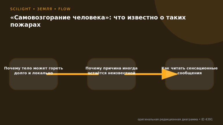 Схема к статье ««Самовозгорание человека»: что известно о таких пожарах»: Почему тело может гореть долго и локально, Почему причина иногда остаётся неизвестной, Как читать сенсационные сообщения