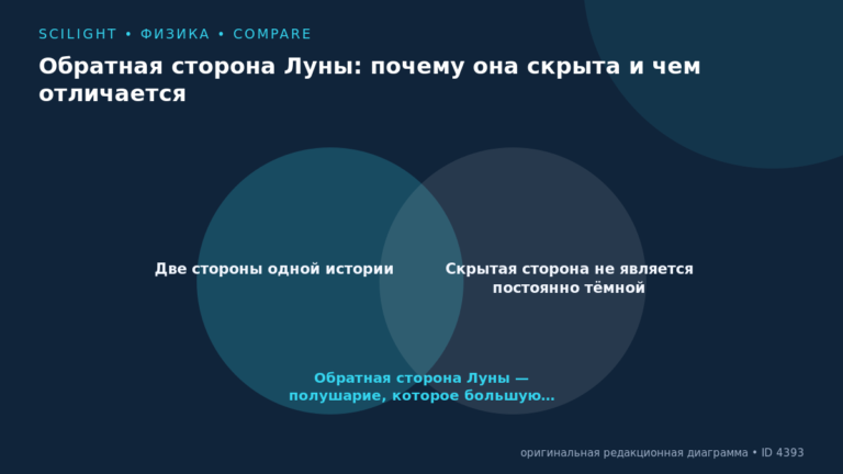 Схема к статье «Обратная сторона Луны: почему она скрыта и чем отличается»: Две стороны одной истории, Скрытая сторона не является постоянно тёмной, Обратная сторона Луны — полушарие, которое большую…
