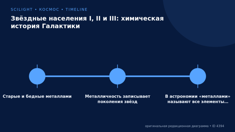 Схема к статье «Звёздные населения I, II и III: химическая история Галактики»: Старые и бедные металлами, Металличность записывает поколения звёзд, В астрономии «металлами» называют все элементы…