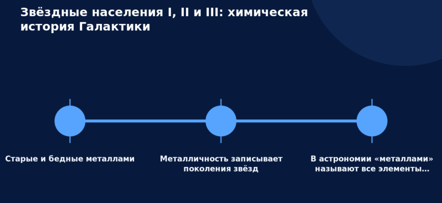 Схема к статье «Звёздные населения I, II и III: химическая история Галактики»: Старые и бедные металлами, Металличность записывает поколения звёзд, В астрономии «металлами» называют все элементы…
