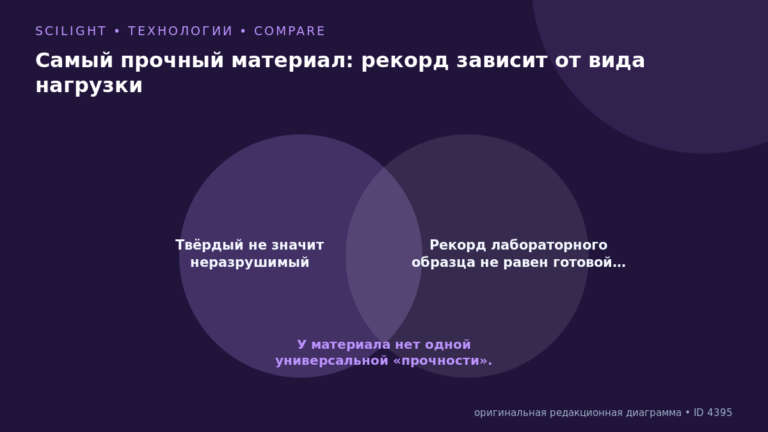Схема к статье «Самый прочный материал: рекорд зависит от вида нагрузки»: Твёрдый не значит неразрушимый, Рекорд лабораторного образца не равен готовой…, У материала нет одной универсальной «прочности».