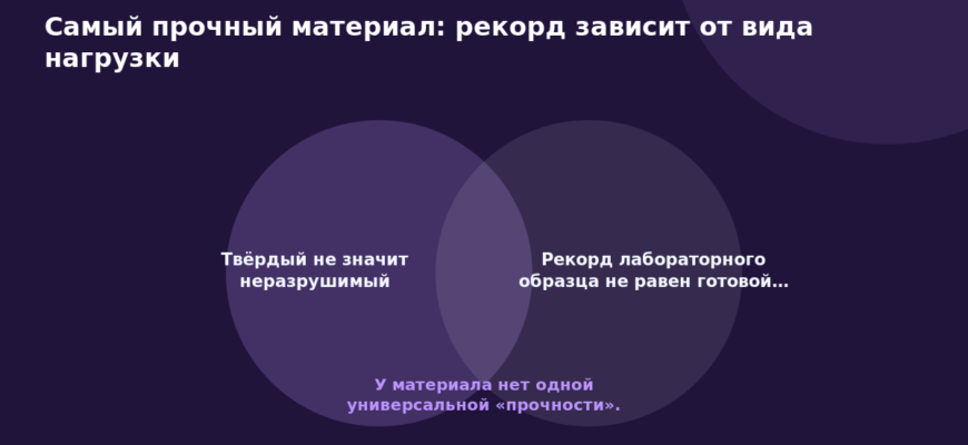 Схема к статье «Самый прочный материал: рекорд зависит от вида нагрузки»: Твёрдый не значит неразрушимый, Рекорд лабораторного образца не равен готовой…, У материала нет одной универсальной «прочности».