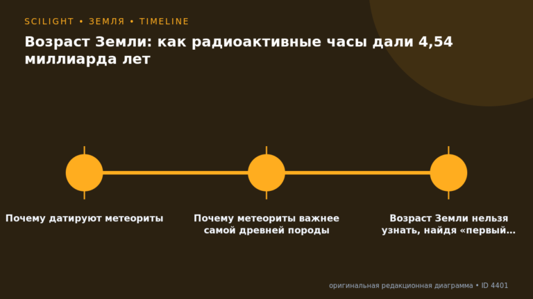 Схема к статье «Возраст Земли: как радиоактивные часы дали 4,54 миллиарда лет»: Почему датируют метеориты, Почему метеориты важнее самой древней породы, Возраст Земли нельзя узнать, найдя «первый…
