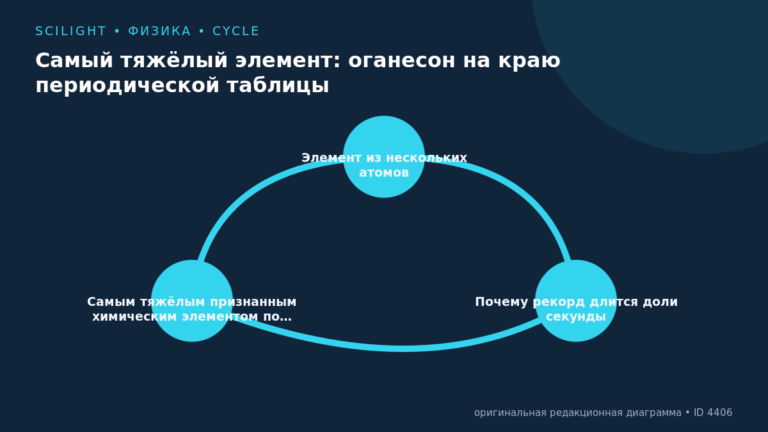 Схема к статье «Самый тяжёлый элемент: оганесон на краю периодической таблицы»: Элемент из нескольких атомов, Почему рекорд длится доли секунды, Самым тяжёлым признанным химическим элементом по…