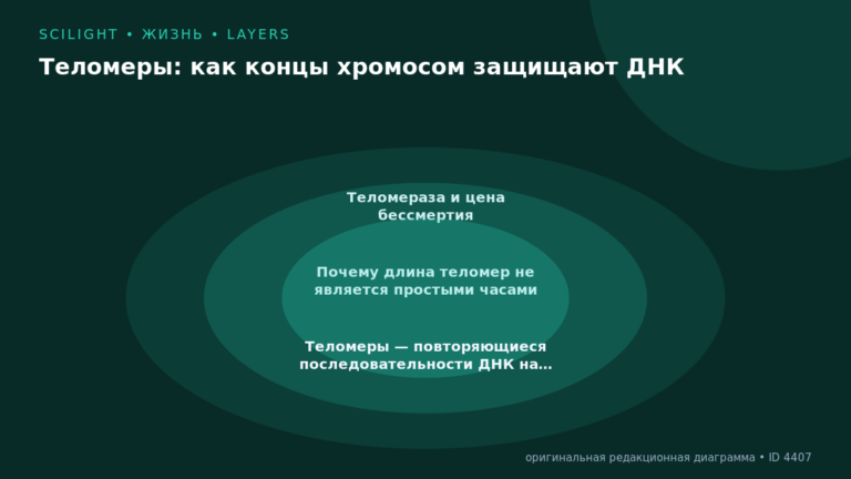 Схема к статье «Теломеры: как концы хромосом защищают ДНК»: Теломераза и цена бессмертия, Почему длина теломер не является простыми часами, Теломеры — повторяющиеся последовательности ДНК на…