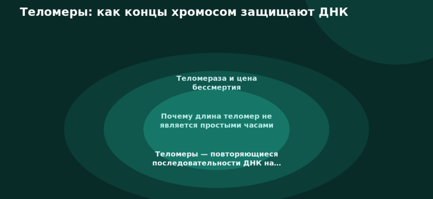 Схема к статье «Теломеры: как концы хромосом защищают ДНК»: Теломераза и цена бессмертия, Почему длина теломер не является простыми часами, Теломеры — повторяющиеся последовательности ДНК на…