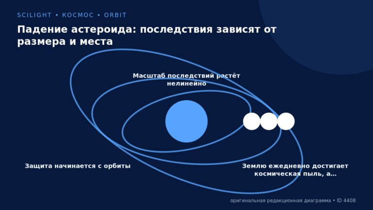 Схема к статье «Падение астероида: последствия зависят от размера и места»: Защита начинается с орбиты, Масштаб последствий растёт нелинейно, Землю ежедневно достигает космическая пыль, а…