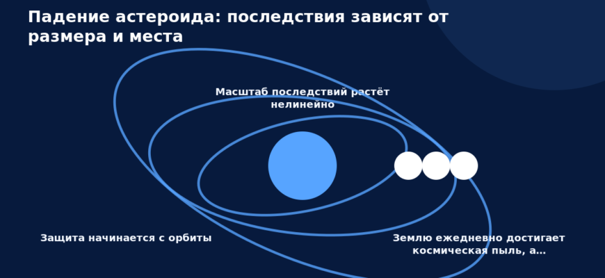 Схема к статье «Падение астероида: последствия зависят от размера и места»: Защита начинается с орбиты, Масштаб последствий растёт нелинейно, Землю ежедневно достигает космическая пыль, а…