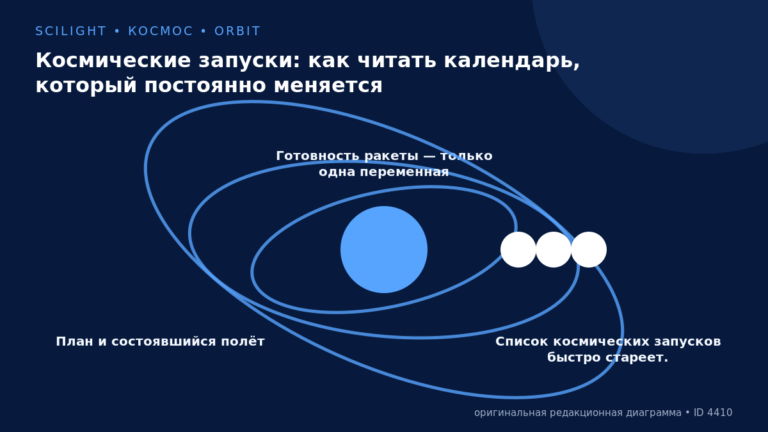 Схема к статье «Космические запуски: как читать календарь, который постоянно меняется»: План и состоявшийся полёт, Готовность ракеты — только одна переменная, Список космических запусков быстро стареет.