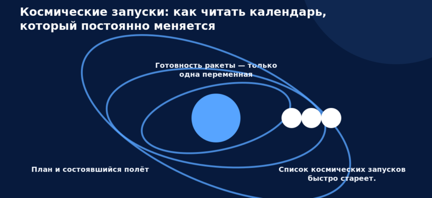 Схема к статье «Космические запуски: как читать календарь, который постоянно меняется»: План и состоявшийся полёт, Готовность ракеты — только одна переменная, Список космических запусков быстро стареет.