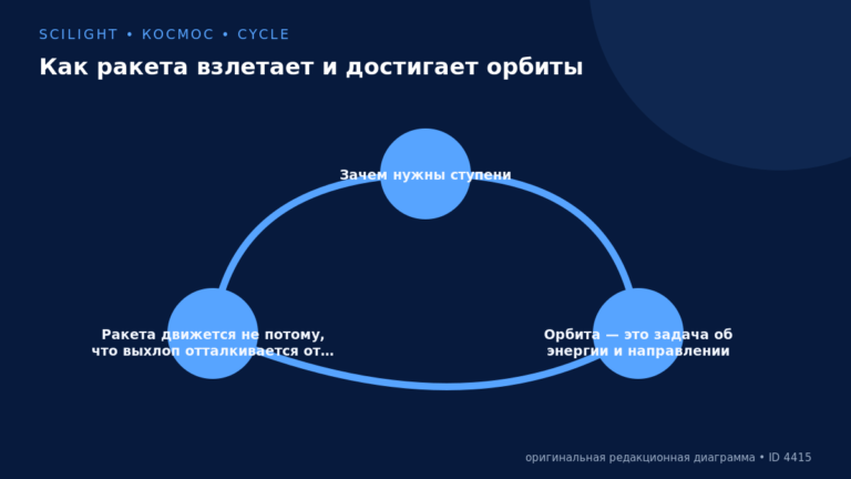 Схема к статье «Как ракета взлетает и достигает орбиты»: Зачем нужны ступени, Орбита — это задача об энергии и направлении, Ракета движется не потому, что выхлоп отталкивается от…