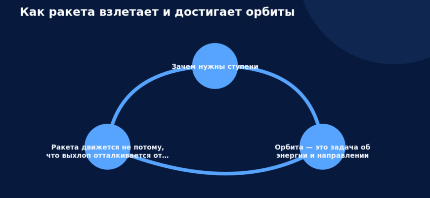 Схема к статье «Как ракета взлетает и достигает орбиты»: Зачем нужны ступени, Орбита — это задача об энергии и направлении, Ракета движется не потому, что выхлоп отталкивается от…