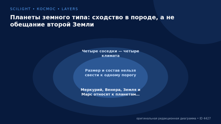 Схема к статье «Планеты земного типа: сходство в породе, а не обещание второй Земли»: Четыре соседки — четыре климата, Размер и состав нельзя свести к одному порогу, Меркурий, Венера, Земля и Марс относят к планетам…