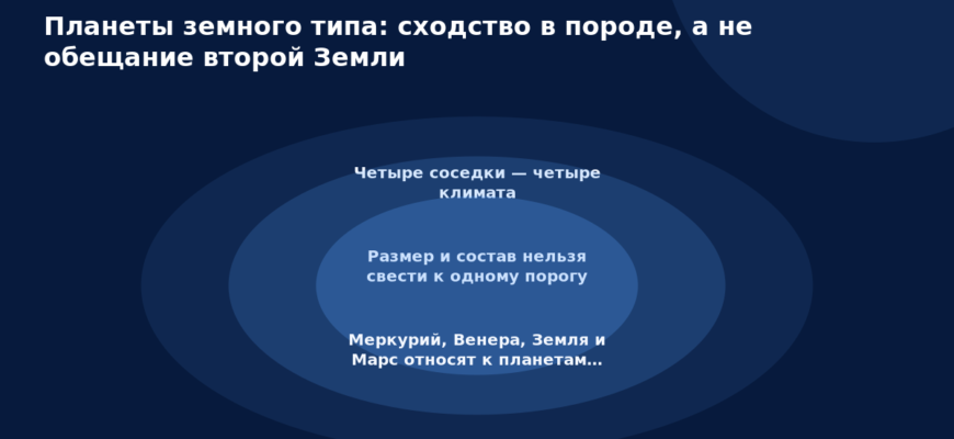 Схема к статье «Планеты земного типа: сходство в породе, а не обещание второй Земли»: Четыре соседки — четыре климата, Размер и состав нельзя свести к одному порогу, Меркурий, Венера, Земля и Марс относят к планетам…