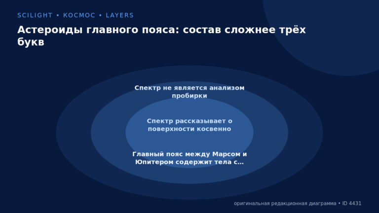 Схема к статье «Астероиды главного пояса: состав сложнее трёх букв»: Спектр не является анализом пробирки, Спектр рассказывает о поверхности косвенно, Главный пояс между Марсом и Юпитером содержит тела с…