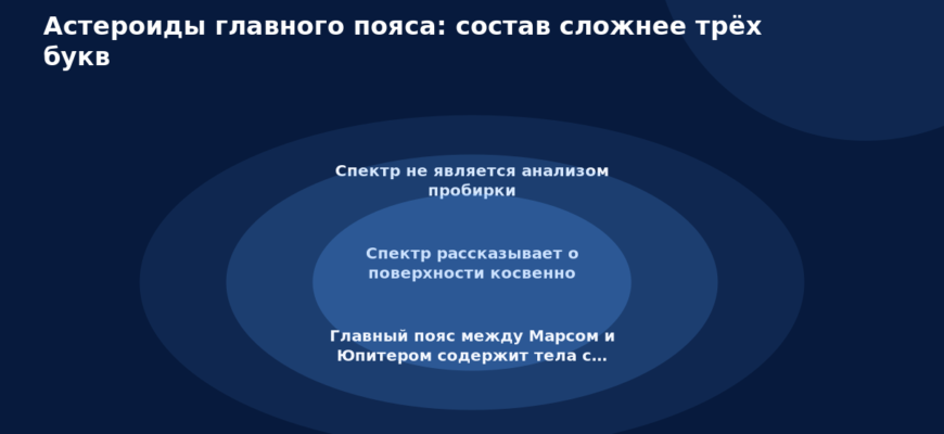 Схема к статье «Астероиды главного пояса: состав сложнее трёх букв»: Спектр не является анализом пробирки, Спектр рассказывает о поверхности косвенно, Главный пояс между Марсом и Юпитером содержит тела с…