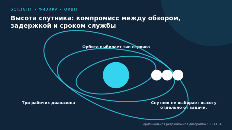 Схема к статье «Высота спутника: компромисс между обзором, задержкой и сроком службы»: Три рабочих диапазона, Орбита выбирает тип сервиса, Спутник не выбирает высоту отдельно от задачи.
