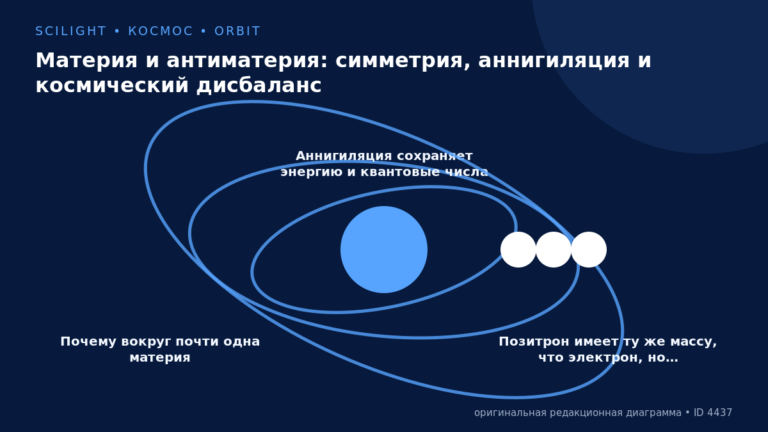 Схема к статье «Материя и антиматерия: симметрия, аннигиляция и космический дисбаланс»: Почему вокруг почти одна материя, Аннигиляция сохраняет энергию и квантовые числа, Позитрон имеет ту же массу, что электрон, но…