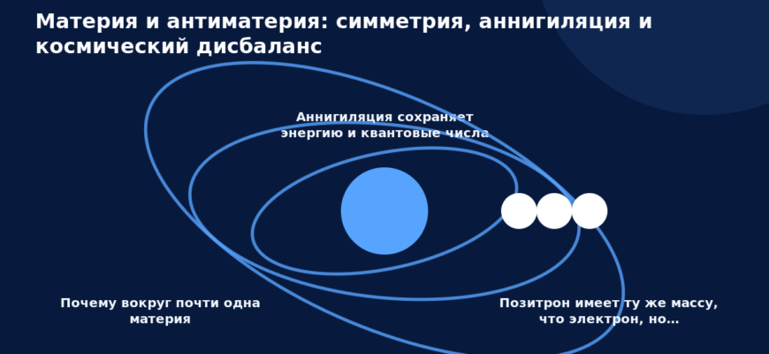 Схема к статье «Материя и антиматерия: симметрия, аннигиляция и космический дисбаланс»: Почему вокруг почти одна материя, Аннигиляция сохраняет энергию и квантовые числа, Позитрон имеет ту же массу, что электрон, но…