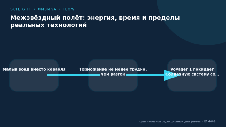 Схема к статье «Межзвёздный полёт: энергия, время и пределы реальных технологий»: Малый зонд вместо корабля, Торможение не менее трудно, чем разгон, Voyager 1 покидает Солнечную систему со…
