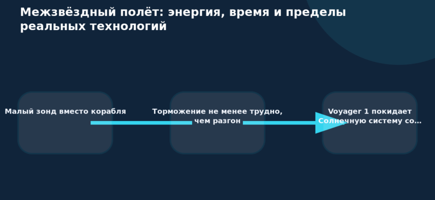 Схема к статье «Межзвёздный полёт: энергия, время и пределы реальных технологий»: Малый зонд вместо корабля, Торможение не менее трудно, чем разгон, Voyager 1 покидает Солнечную систему со…