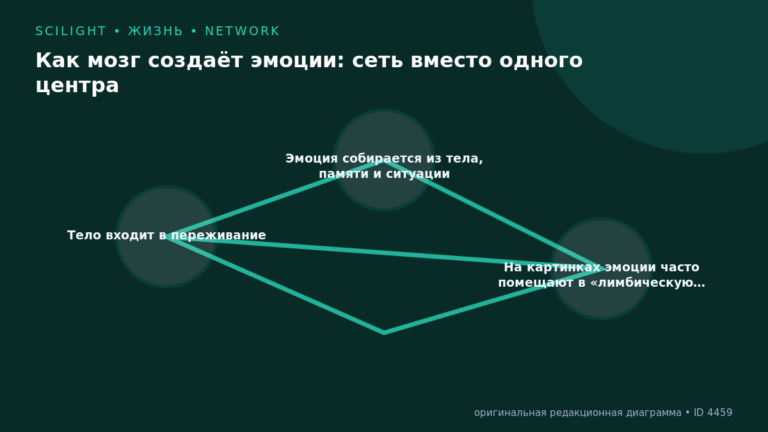 Схема к статье «Как мозг создаёт эмоции: сеть вместо одного центра»: Тело входит в переживание, Эмоция собирается из тела, памяти и ситуации, На картинках эмоции часто помещают в «лимбическую…