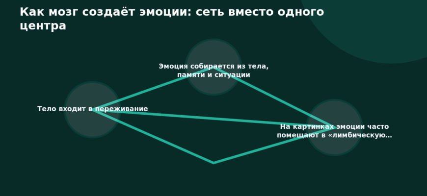 Схема к статье «Как мозг создаёт эмоции: сеть вместо одного центра»: Тело входит в переживание, Эмоция собирается из тела, памяти и ситуации, На картинках эмоции часто помещают в «лимбическую…
