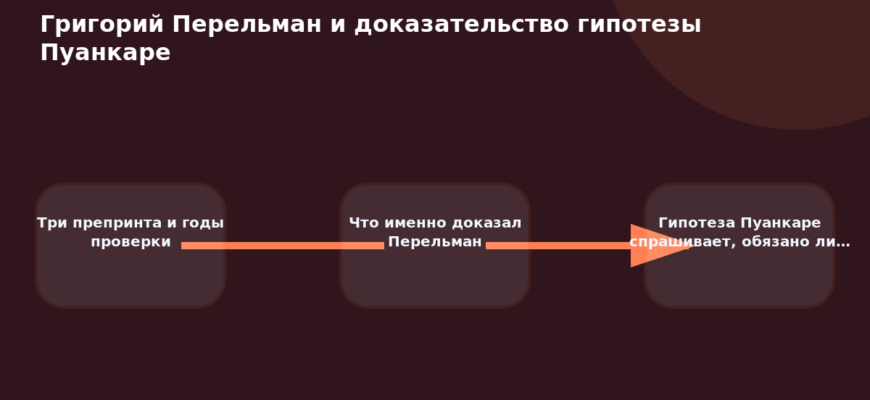 Схема к статье «Григорий Перельман и доказательство гипотезы Пуанкаре»: Три препринта и годы проверки, Что именно доказал Перельман, Гипотеза Пуанкаре спрашивает, обязано ли…