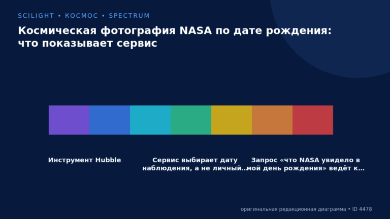 Схема к статье «Космическая фотография NASA по дате рождения: что показывает сервис»: Инструмент Hubble, Сервис выбирает дату наблюдения, а не личный…, Запрос «что NASA увидело в мой день рождения» ведёт к…