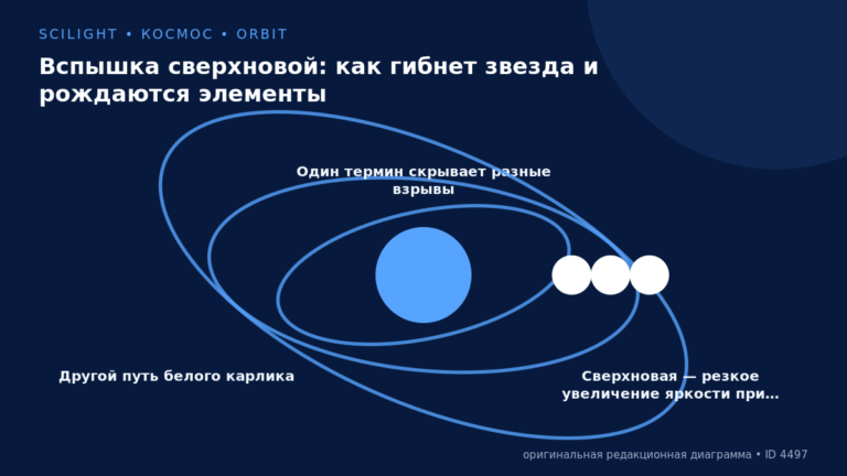 Схема к статье «Вспышка сверхновой: как гибнет звезда и рождаются элементы»: Другой путь белого карлика, Один термин скрывает разные взрывы, Сверхновая — резкое увеличение яркости при…