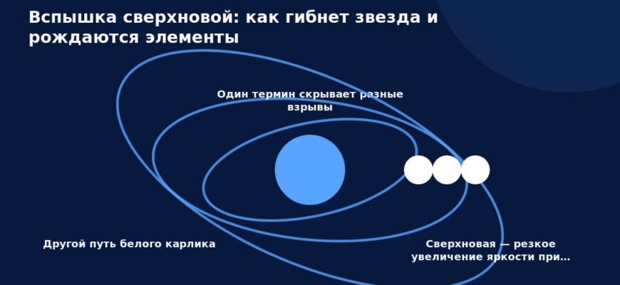 Схема к статье «Вспышка сверхновой: как гибнет звезда и рождаются элементы»: Другой путь белого карлика, Один термин скрывает разные взрывы, Сверхновая — резкое увеличение яркости при…