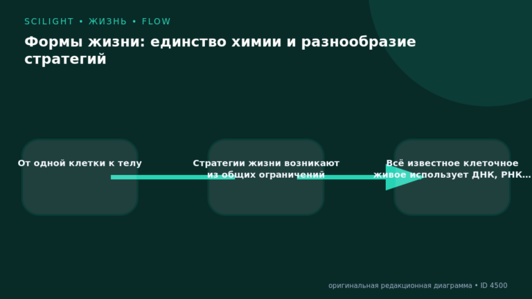 Схема к статье «Формы жизни: единство химии и разнообразие стратегий»: От одной клетки к телу, Стратегии жизни возникают из общих ограничений, Всё известное клеточное живое использует ДНК, РНК…