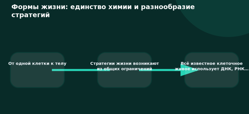 Схема к статье «Формы жизни: единство химии и разнообразие стратегий»: От одной клетки к телу, Стратегии жизни возникают из общих ограничений, Всё известное клеточное живое использует ДНК, РНК…