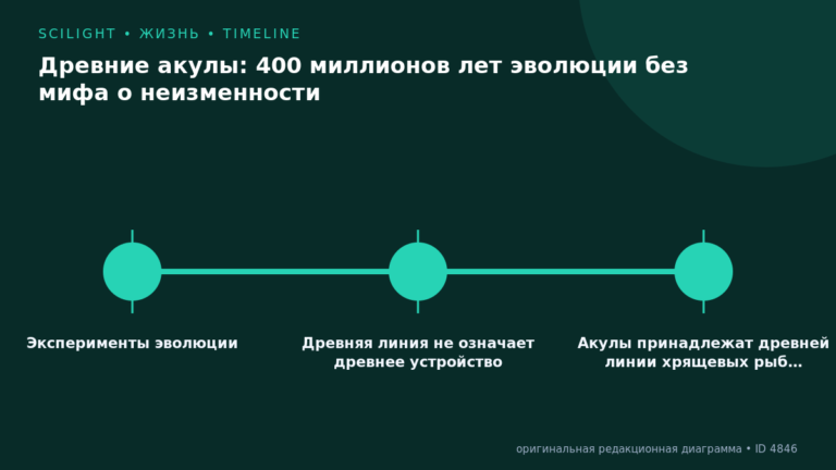 Схема к статье «Древние акулы: 400 миллионов лет эволюции без мифа о неизменности»: Эксперименты эволюции, Древняя линия не означает древнее устройство, Акулы принадлежат древней линии хрящевых рыб…
