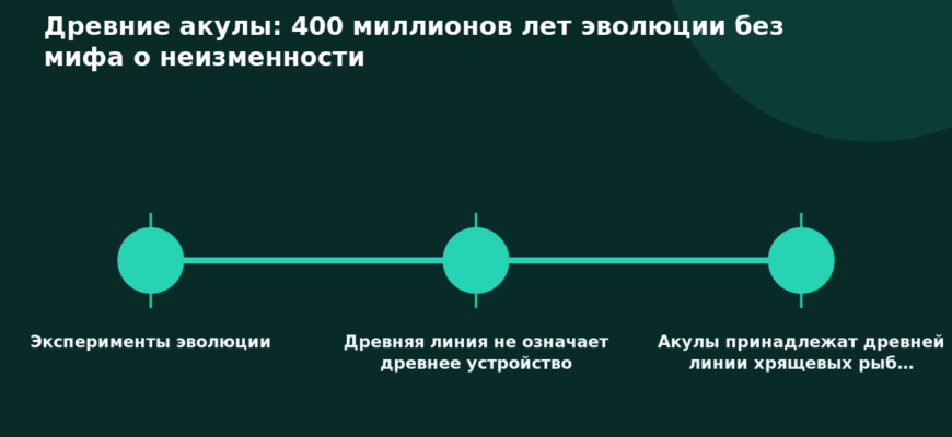 Схема к статье «Древние акулы: 400 миллионов лет эволюции без мифа о неизменности»: Эксперименты эволюции, Древняя линия не означает древнее устройство, Акулы принадлежат древней линии хрящевых рыб…
