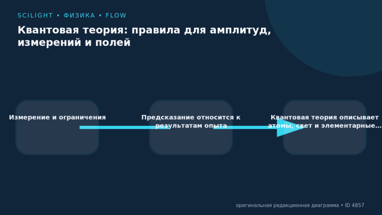 Три связанные карточки показывают измерение, амплитуды и квантовые поля