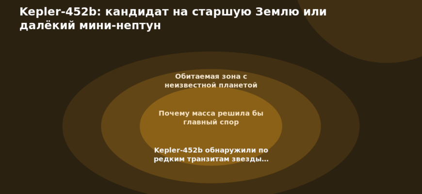 Схема к статье «Kepler-452b: кандидат на старшую Землю или далёкий мини-нептун»: Обитаемая зона с неизвестной планетой, Почему масса решила бы главный спор, Kepler-452b обнаружили по редким транзитам звезды…