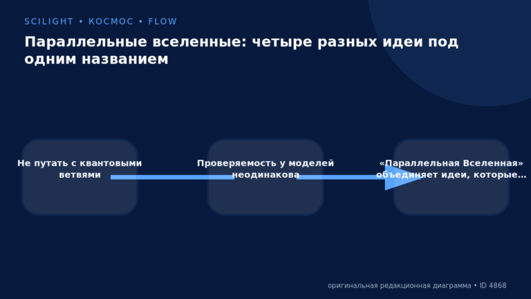 Схема к статье «Параллельные вселенные: четыре разных идеи под одним названием»: Не путать с квантовыми ветвями, Проверяемость у моделей неодинакова, «Параллельная Вселенная» объединяет идеи, которые…