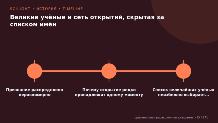 Схема к статье «Великие учёные и сеть открытий, скрытая за списком имён»: Признание распределено неравномерно, Почему открытие редко принадлежит одному моменту, Список величайших учёных неизбежно выбирает…