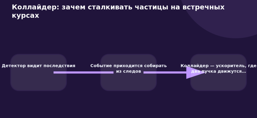 Схема к статье «Коллайдер: зачем сталкивать частицы на встречных курсах»: Детектор видит последствия, Событие приходится собирать из следов, Коллайдер — ускоритель, где два пучка движутся…