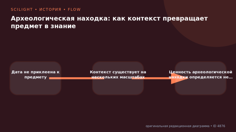 Схема к статье «Археологическая находка: как контекст превращает предмет в знание»: Дата не приклеена к предмету, Контекст существует на нескольких масштабах, Ценность археологической находки определяется не…