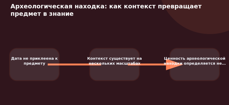 Схема к статье «Археологическая находка: как контекст превращает предмет в знание»: Дата не приклеена к предмету, Контекст существует на нескольких масштабах, Ценность археологической находки определяется не…